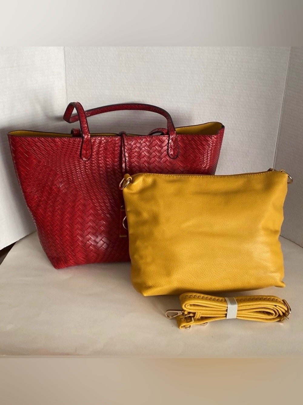 NWOT! Red & Gold Faux Leather Tote Bag | 2-in-1